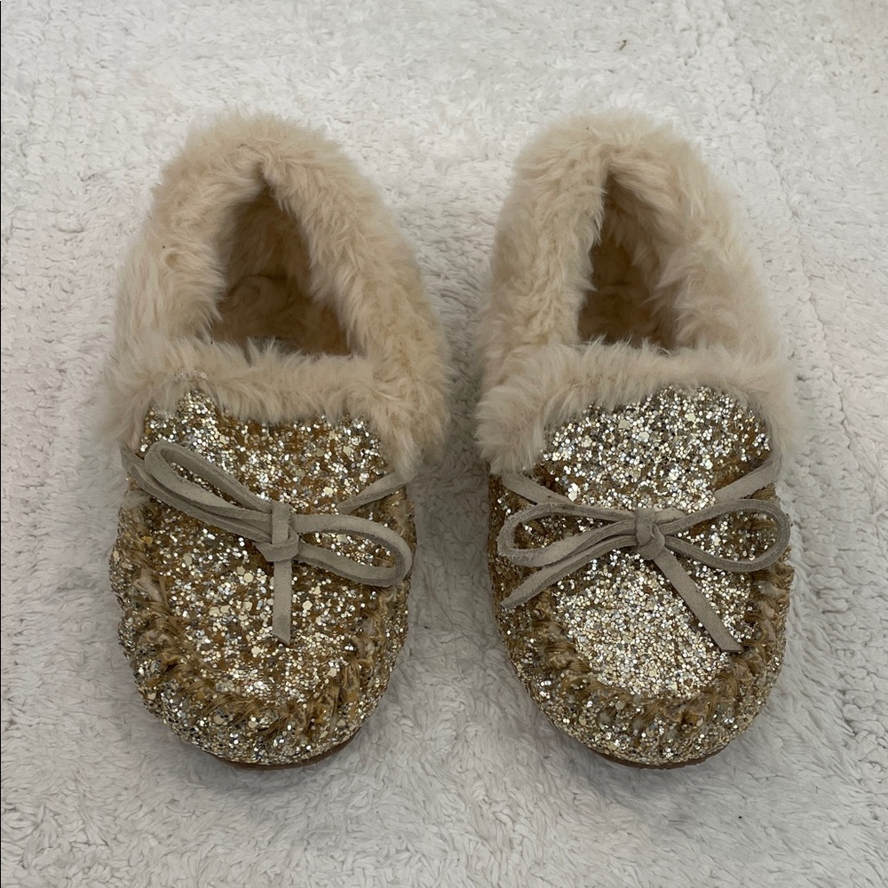 J. Crew Crewcuts Glitter Gold Kids Slippers moccasins with Faux Fur Sz K11